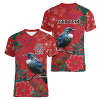Tui Meri Kirihimete Personalised Women V-Neck T-Shirt Pohutukawa Flowers Red Motif - Polynesian Pride