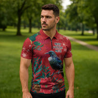 Tui Meri Kirihimete Personalised Zipper Polo Shirt Pohutukawa Flowers Red Motif - Polynesian Pride