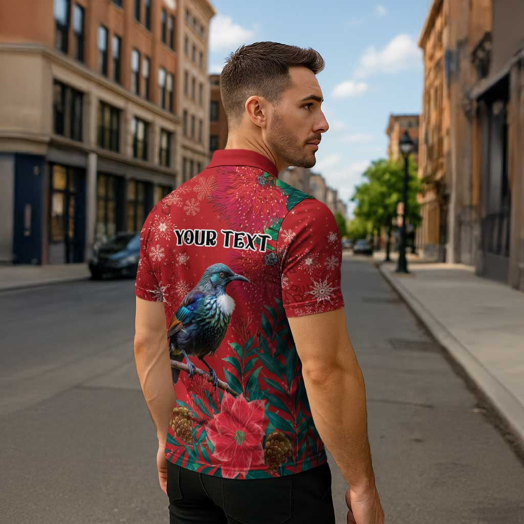 Tui Meri Kirihimete Personalised Zipper Polo Shirt Pohutukawa Flowers Red Motif - Polynesian Pride