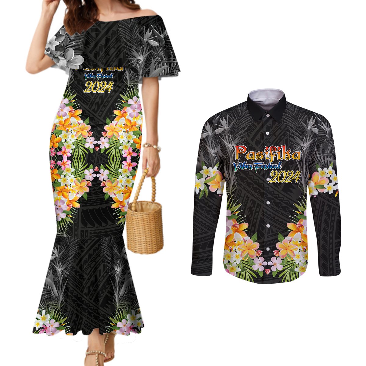 Pasifika Vibes Festival 2024 Auckland Couples Matching Mermaid Dress and Long Sleeve Button Shirt LT9 Black - Polynesian Pride