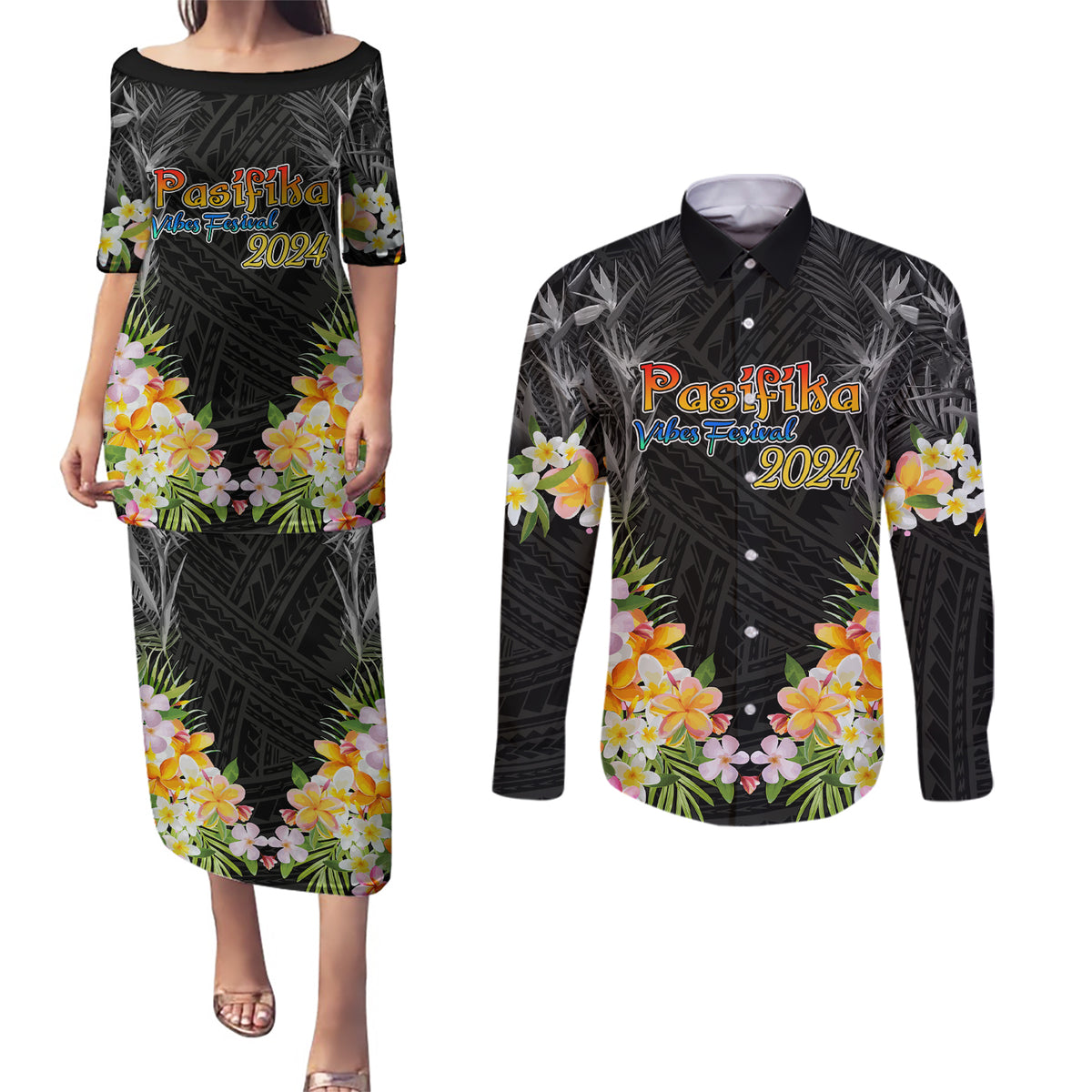 Pasifika Vibes Festival 2024 Auckland Couples Matching Puletasi and Long Sleeve Button Shirt LT9 Black - Polynesian Pride