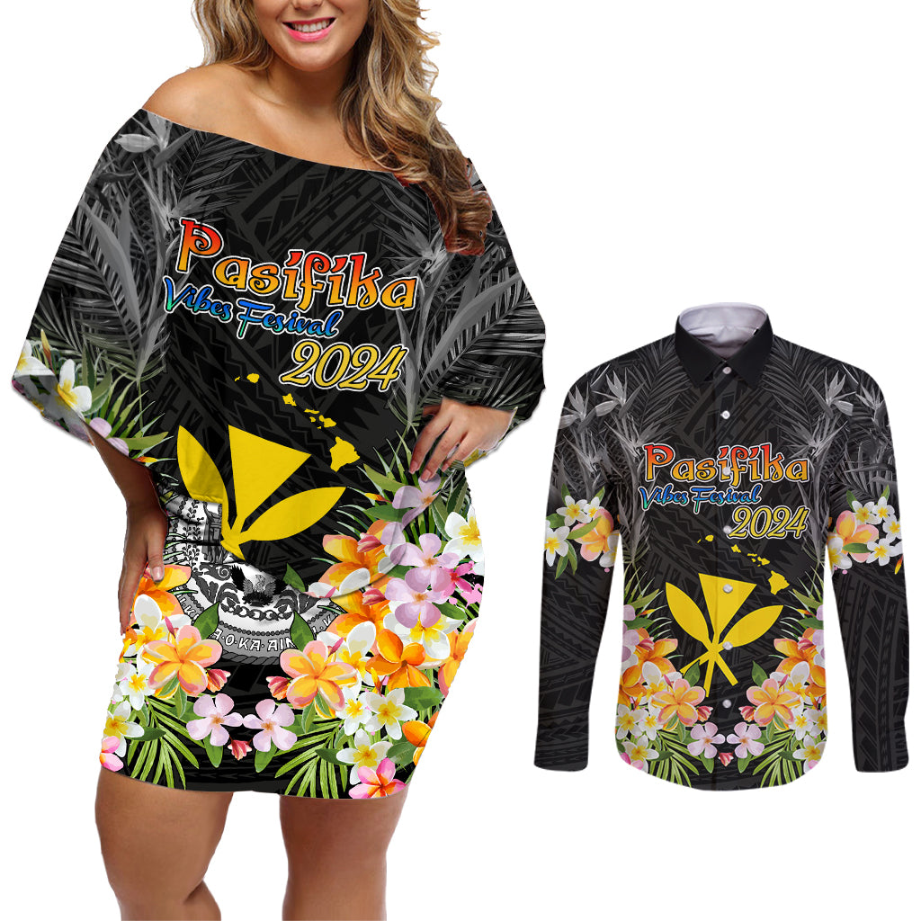 Pasifika Vibes Festival 2024 Couples Matching Off Shoulder Short Dress and Long Sleeve Button Shirt Kanaka Maoli With Hawaiian Islands LT9 Black - Polynesian Pride