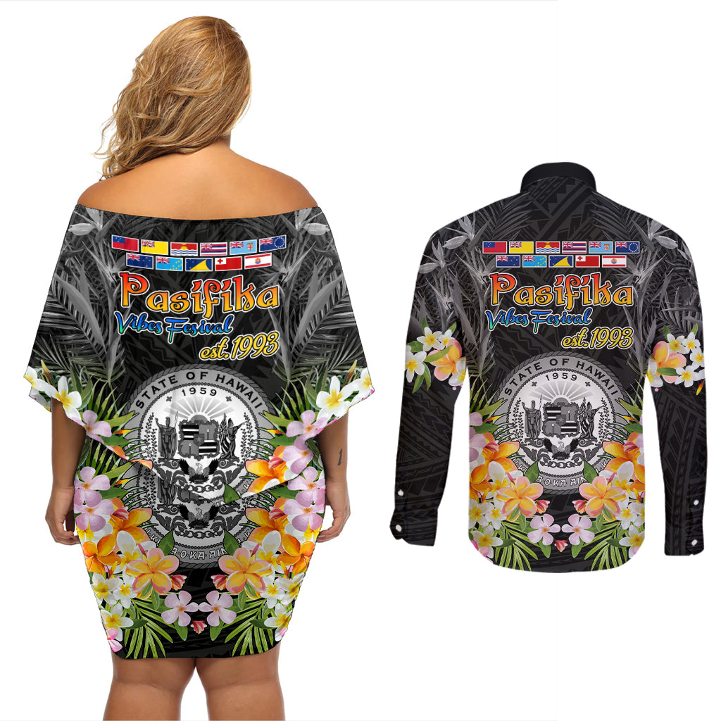 Pasifika Vibes Festival 2024 Couples Matching Off Shoulder Short Dress and Long Sleeve Button Shirt Kanaka Maoli With Hawaiian Islands LT9 - Polynesian Pride