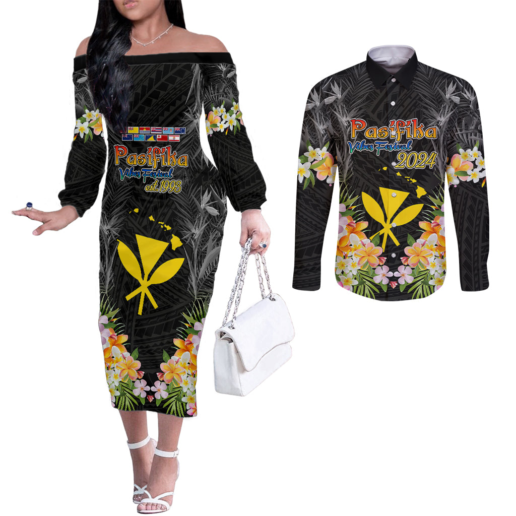 Pasifika Vibes Festival 2024 Couples Matching Off The Shoulder Long Sleeve Dress and Long Sleeve Button Shirt Kanaka Maoli With Hawaiian Islands LT9 Black - Polynesian Pride
