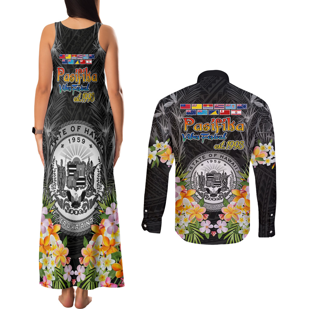 Pasifika Vibes Festival 2024 Couples Matching Tank Maxi Dress and Long Sleeve Button Shirt Kanaka Maoli With Hawaiian Islands LT9 - Polynesian Pride