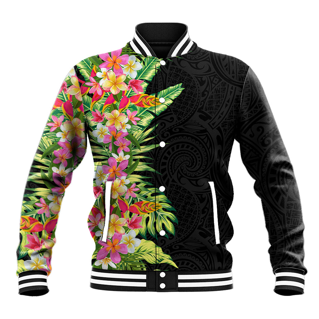 Hawaii Tropical Flowers Tribal Pattern Baseball Jacket No1 LT9 Unisex Black - Polynesian Pride
