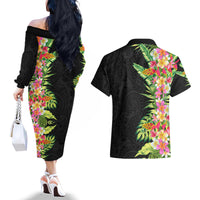 Hawaii Tropical Flowers Tribal Pattern Couples Matching Off The Shoulder Long Sleeve Dress and Hawaiian Shirt No1 LT9 - Polynesian Pride