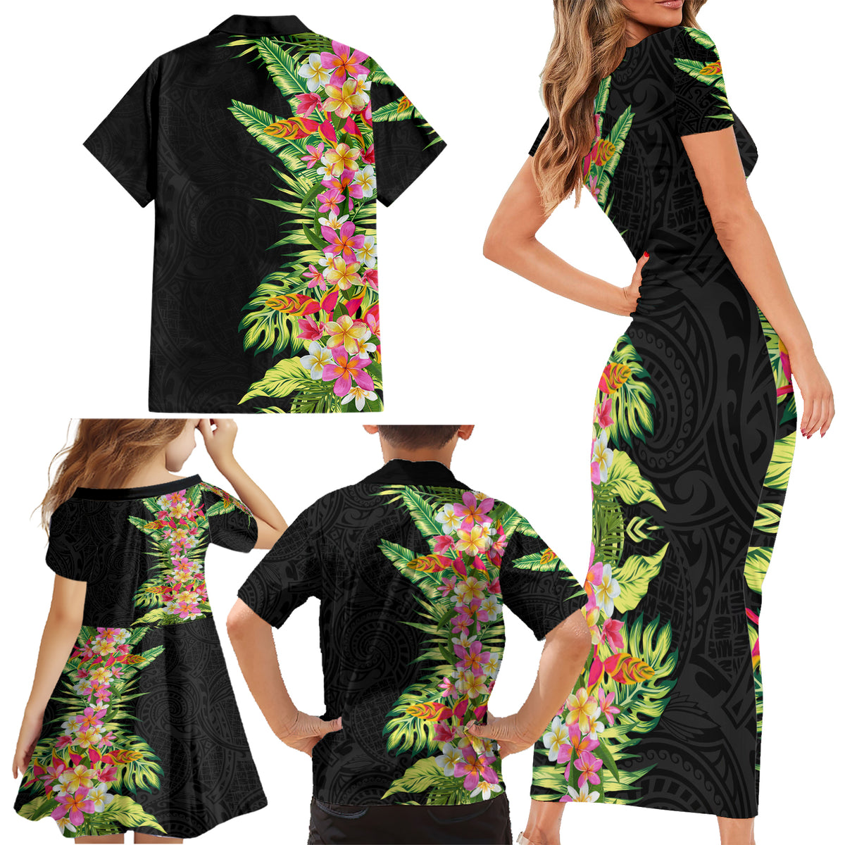 Hawaii Tropical Flowers Tribal Pattern Family Matching Short Sleeve Bodycon Dress and Hawaiian Shirt No1 LT9 - Polynesian Pride