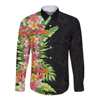 Hawaii Tropical Flowers Tribal Pattern Long Sleeve Button Shirt No1 LT9 Unisex Black - Polynesian Pride