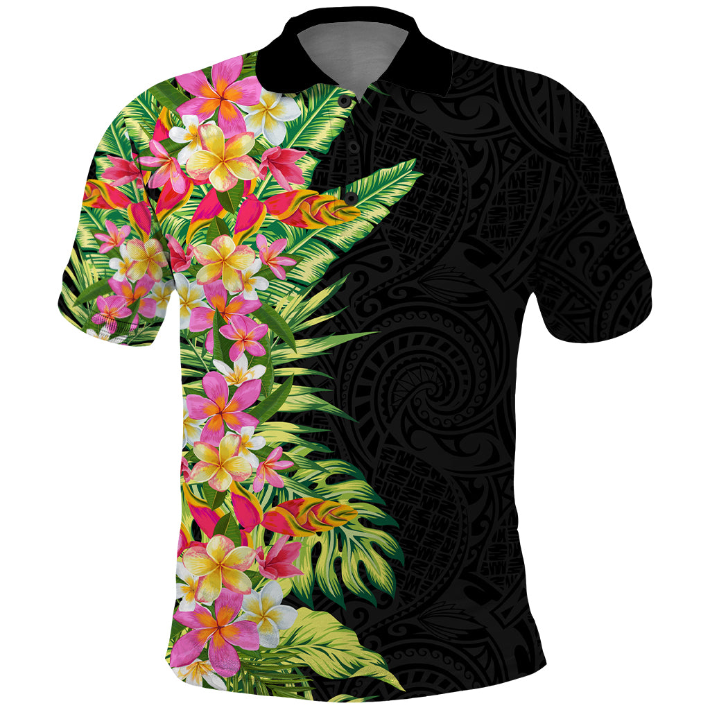 Hawaii Tropical Flowers Tribal Pattern Polo Shirt No1 LT9 Black - Polynesian Pride