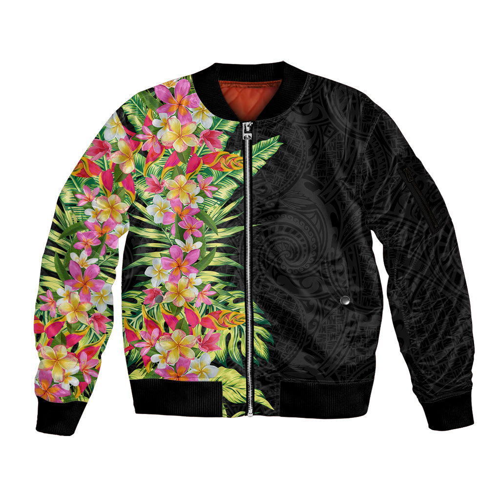 Hawaii Tropical Flowers Tribal Pattern Sleeve Zip Bomber Jacket No1 LT9 Unisex Black - Polynesian Pride