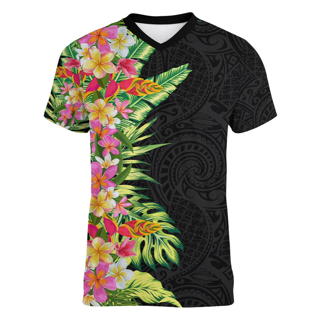 Hawaii Tropical Flowers Tribal Pattern Women V Neck T Shirt No1 LT9 Female Black - Polynesian Pride