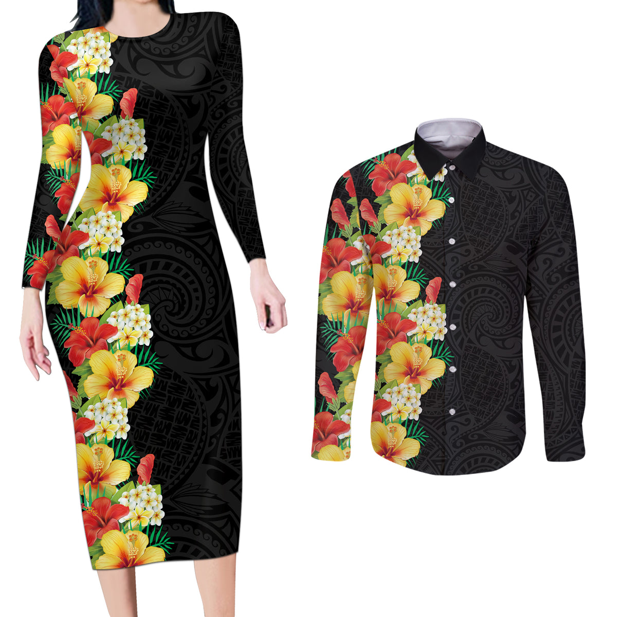 Hawaii Tropical Flowers Tribal Pattern Couples Matching Long Sleeve Bodycon Dress and Long Sleeve Button Shirt No2 LT9 Black - Polynesian Pride