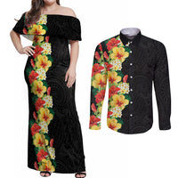 Hawaii Tropical Flowers Tribal Pattern Couples Matching Off Shoulder Maxi Dress and Long Sleeve Button Shirt No2 LT9 Black - Polynesian Pride