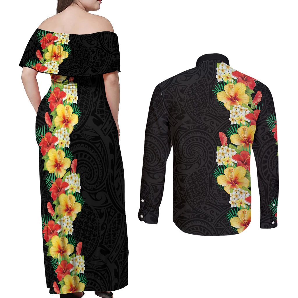 Hawaii Tropical Flowers Tribal Pattern Couples Matching Off Shoulder Maxi Dress and Long Sleeve Button Shirt No2 LT9 - Polynesian Pride