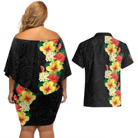 Hawaii Tropical Flowers Tribal Pattern Couples Matching Off Shoulder Short Dress and Hawaiian Shirt No2 LT9 - Polynesian Pride