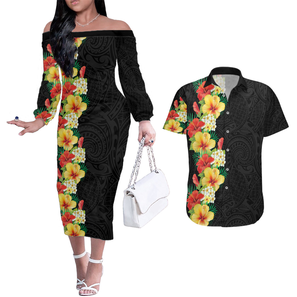 Hawaii Tropical Flowers Tribal Pattern Couples Matching Off The Shoulder Long Sleeve Dress and Hawaiian Shirt No2 LT9 Black - Polynesian Pride