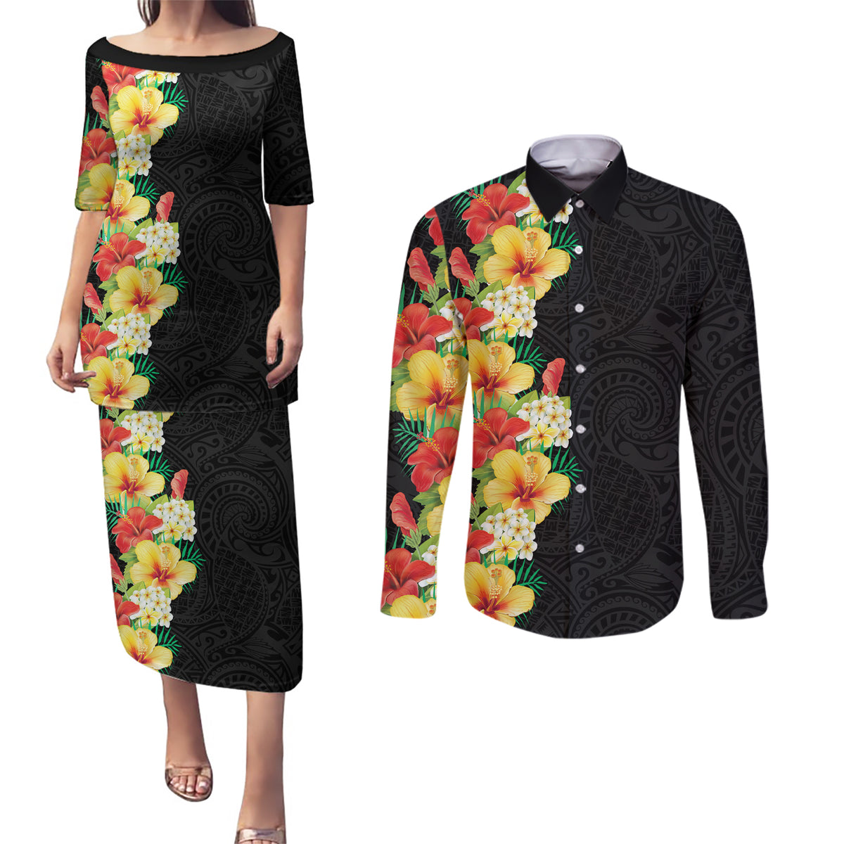Hawaii Tropical Flowers Tribal Pattern Couples Matching Puletasi and Long Sleeve Button Shirt No2 LT9 Black - Polynesian Pride