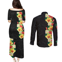 Hawaii Tropical Flowers Tribal Pattern Couples Matching Puletasi and Long Sleeve Button Shirt No2 LT9 - Polynesian Pride