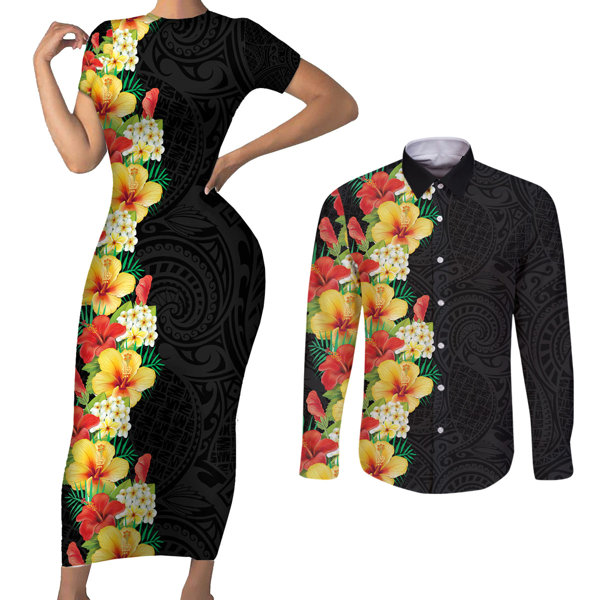 Hawaii Tropical Flowers Tribal Pattern Couples Matching Short Sleeve Bodycon Dress and Long Sleeve Button Shirt No2 LT9 Black - Polynesian Pride