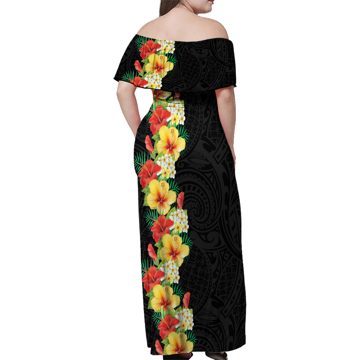 Hawaii Tropical Flowers Tribal Pattern Family Matching Off Shoulder Maxi Dress and Hawaiian Shirt No2 LT9 - Polynesian Pride