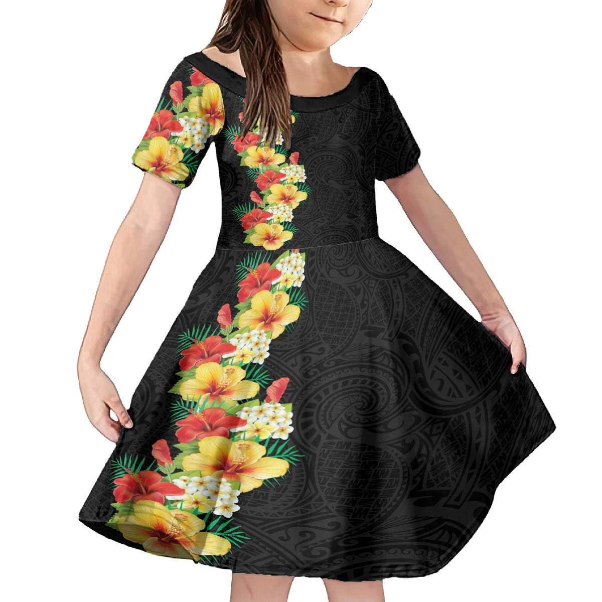 Hawaii Tropical Flowers Tribal Pattern Family Matching Puletasi and Hawaiian Shirt No2 LT9 Daughter's Dress Black - Polynesian Pride