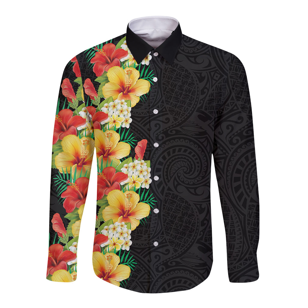 Hawaii Tropical Flowers Tribal Pattern Long Sleeve Button Shirt No2 LT9 Unisex Black - Polynesian Pride