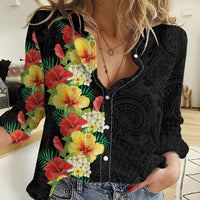 Hawaii Tropical Flowers Tribal Pattern Women Casual Shirt No2 LT9 Female Black - Polynesian Pride