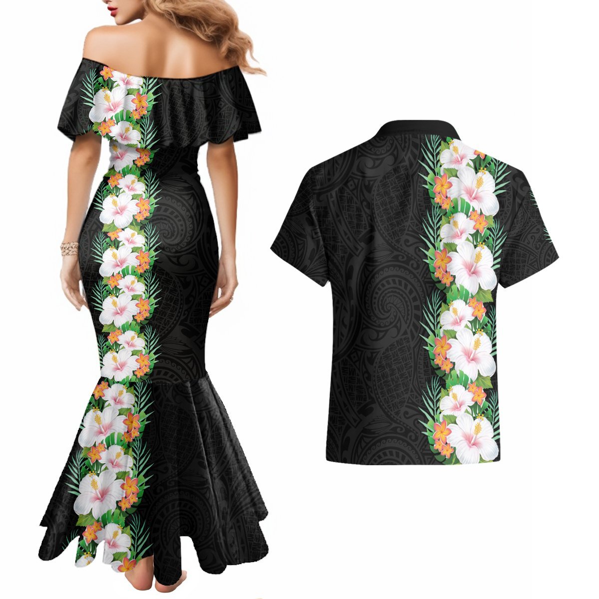 Hawaii Tropical Flowers Tribal Pattern Couples Matching Mermaid Dress and Hawaiian Shirt No3 LT9 - Polynesian Pride