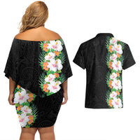Hawaii Tropical Flowers Tribal Pattern Couples Matching Off Shoulder Short Dress and Hawaiian Shirt No3 LT9 - Polynesian Pride