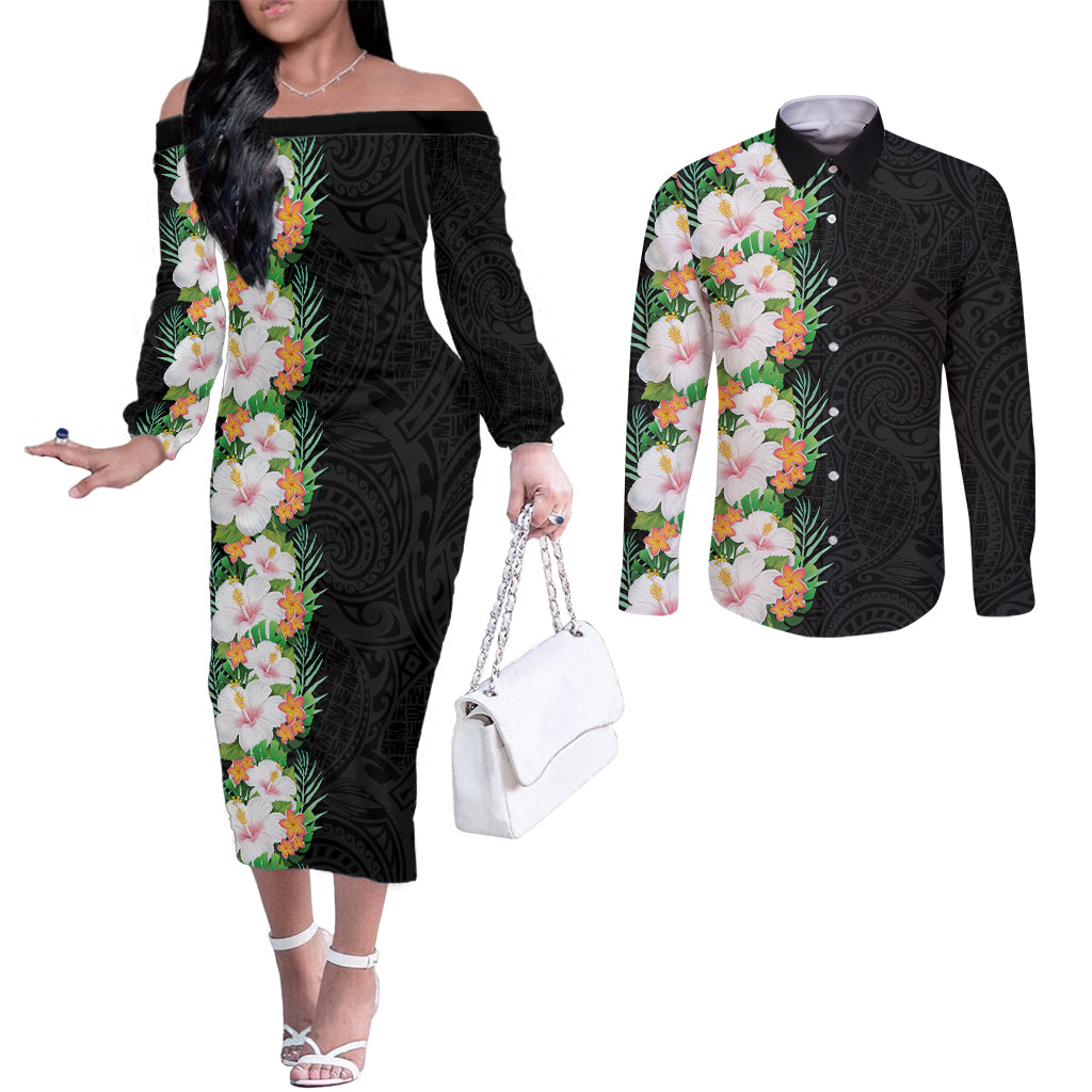 Hawaii Tropical Flowers Tribal Pattern Couples Matching Off The Shoulder Long Sleeve Dress and Long Sleeve Button Shirt No3 LT9 Black - Polynesian Pride