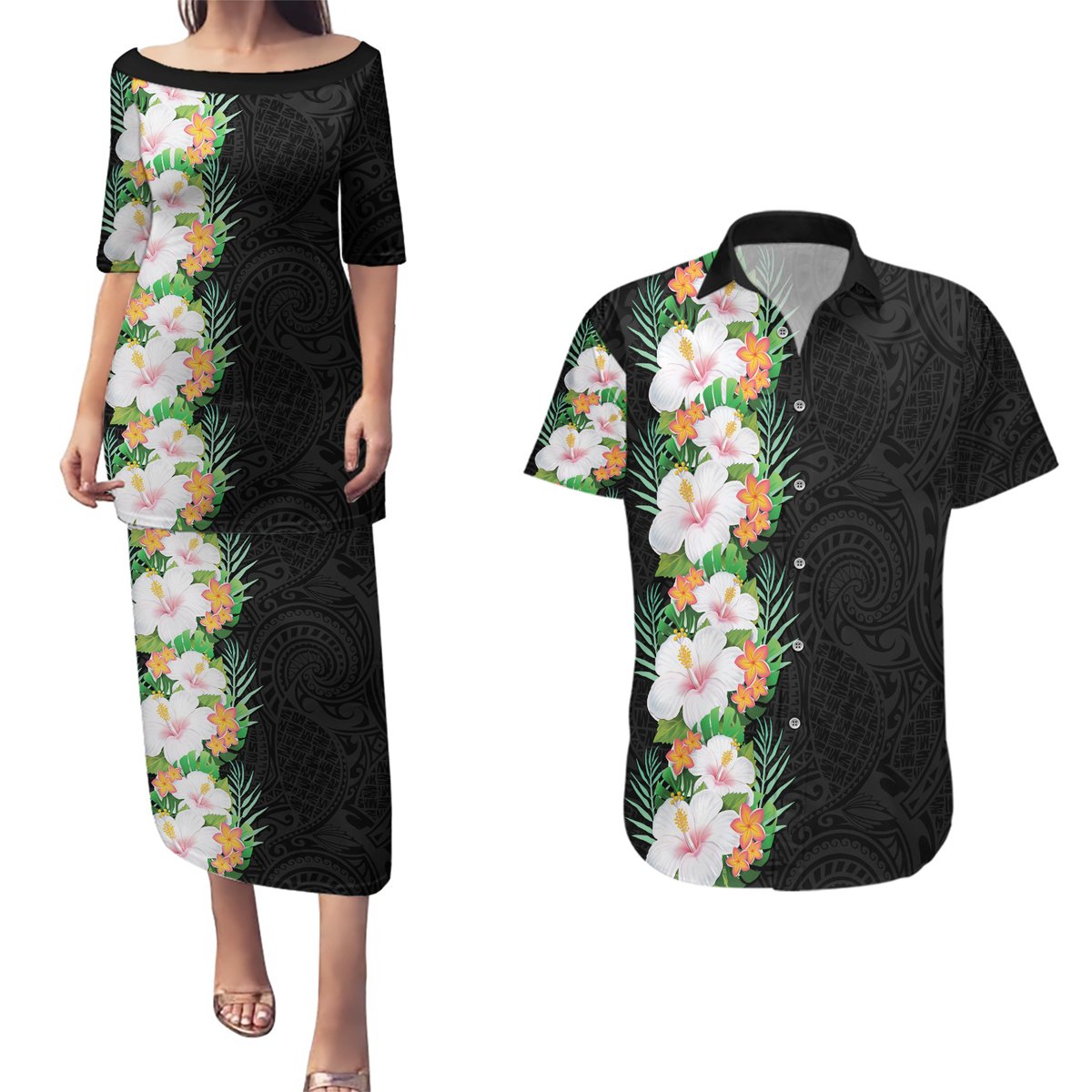 Hawaii Tropical Flowers Tribal Pattern Couples Matching Puletasi and Hawaiian Shirt No3 LT9 Black - Polynesian Pride
