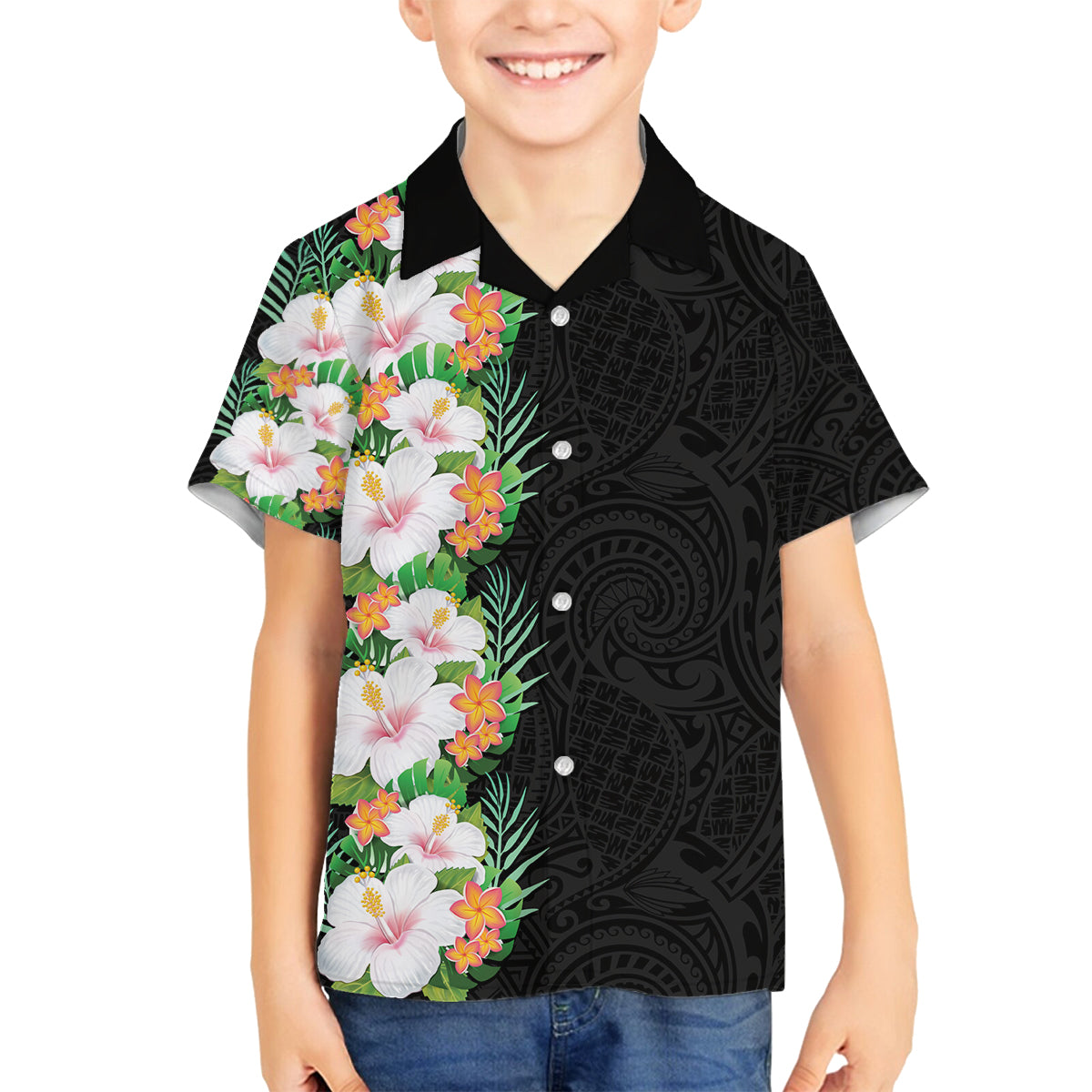 Hawaii Tropical Flowers Tribal Pattern Family Matching Long Sleeve Bodycon Dress and Hawaiian Shirt No3 LT9 Son's Shirt Black - Polynesian Pride