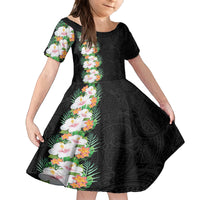 Hawaii Tropical Flowers Tribal Pattern Family Matching Puletasi and Hawaiian Shirt No3 LT9 Daughter's Dress Black - Polynesian Pride