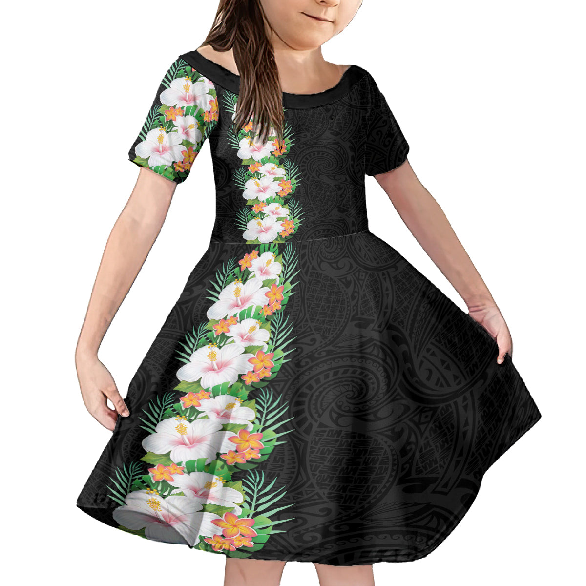Hawaii Tropical Flowers Tribal Pattern Kid Short Sleeve Dress No3 LT9 KID Black - Polynesian Pride