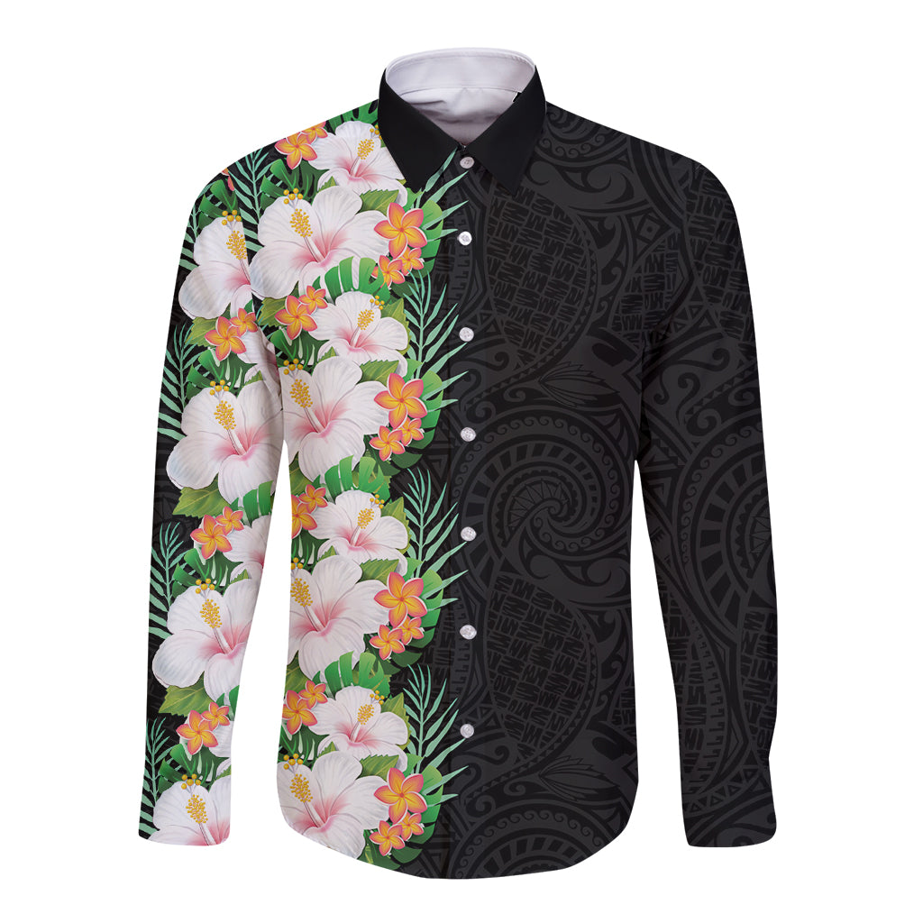 Hawaii Tropical Flowers Tribal Pattern Long Sleeve Button Shirt No3 LT9 Unisex Black - Polynesian Pride