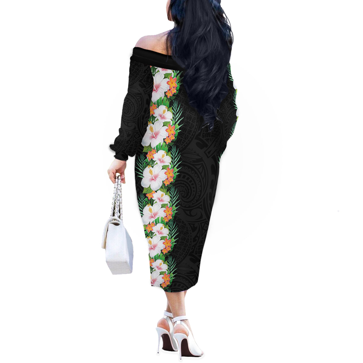 Hawaii Tropical Flowers Tribal Pattern Off The Shoulder Long Sleeve Dress No3 LT9 - Polynesian Pride