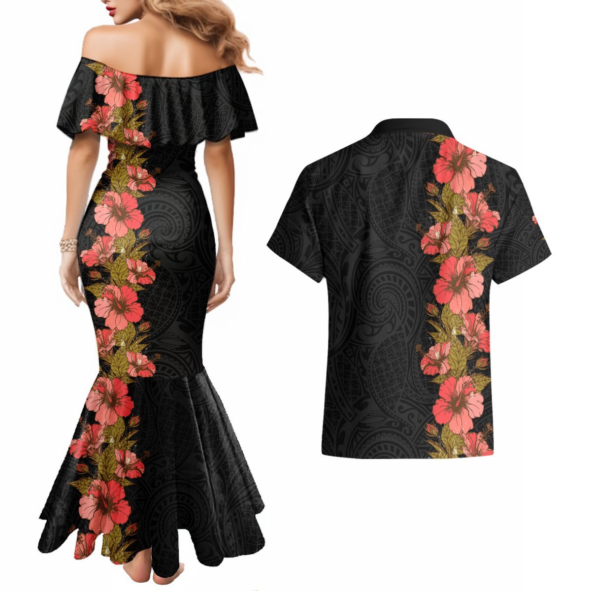 Hawaii Tropical Flowers Tribal Pattern Couples Matching Mermaid Dress and Hawaiian Shirt No4 LT9 - Polynesian Pride