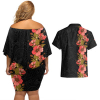 Hawaii Tropical Flowers Tribal Pattern Couples Matching Off Shoulder Short Dress and Hawaiian Shirt No4 LT9 - Polynesian Pride