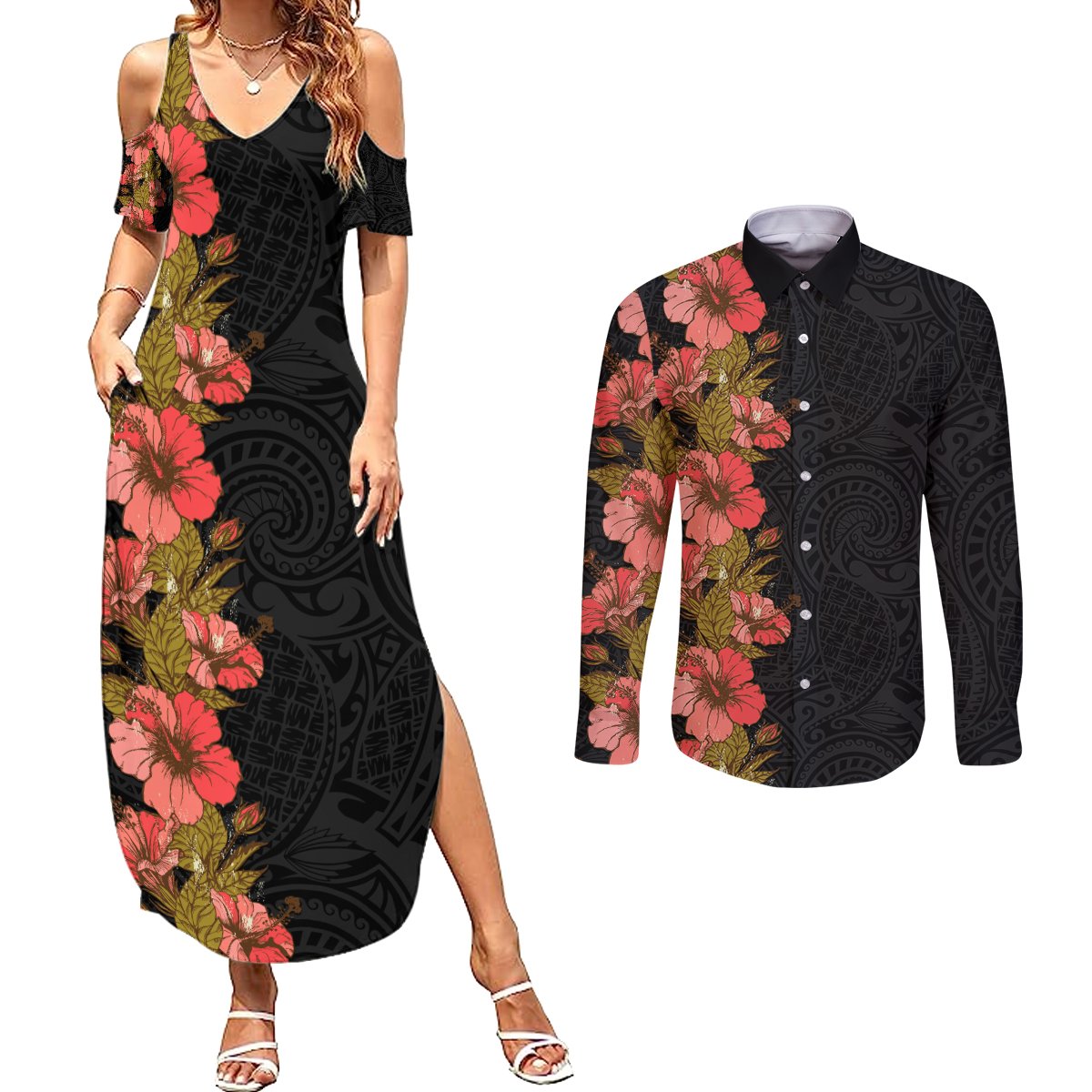 Hawaii Tropical Flowers Tribal Pattern Couples Matching Summer Maxi Dress and Long Sleeve Button Shirt No4 LT9 Black - Polynesian Pride