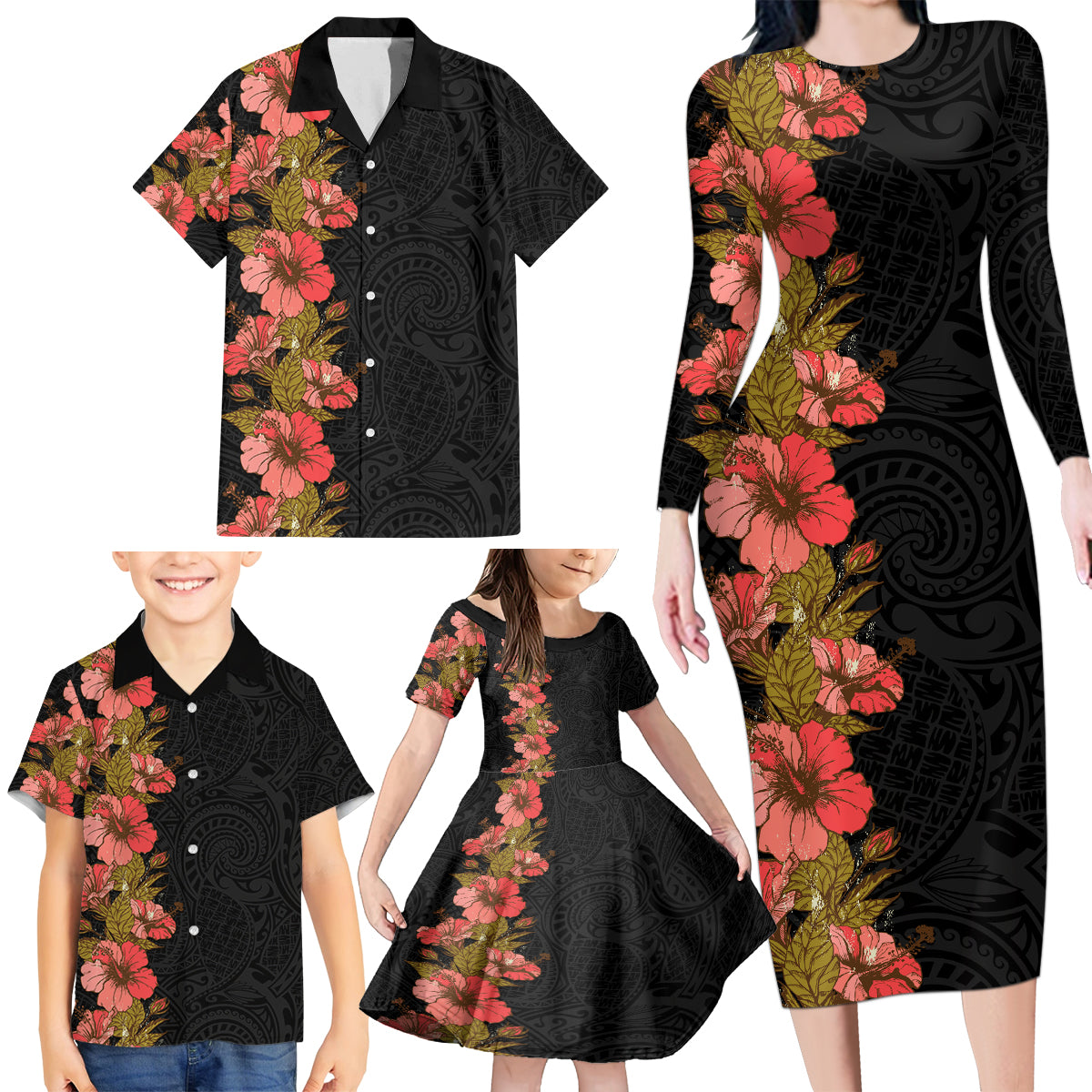 Hawaii Tropical Flowers Tribal Pattern Family Matching Long Sleeve Bodycon Dress and Hawaiian Shirt No4 LT9 - Polynesian Pride