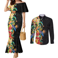 Hawaii Tropical Flowers Tribal Pattern Couples Matching Mermaid Dress and Long Sleeve Button Shirt No5 LT9 Black - Polynesian Pride