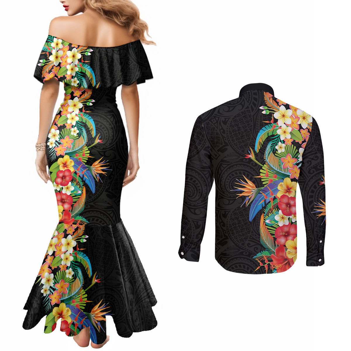 Hawaii Tropical Flowers Tribal Pattern Couples Matching Mermaid Dress and Long Sleeve Button Shirt No5 LT9 - Polynesian Pride
