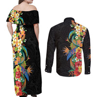 Hawaii Tropical Flowers Tribal Pattern Couples Matching Off Shoulder Maxi Dress and Long Sleeve Button Shirt No5 LT9 - Polynesian Pride