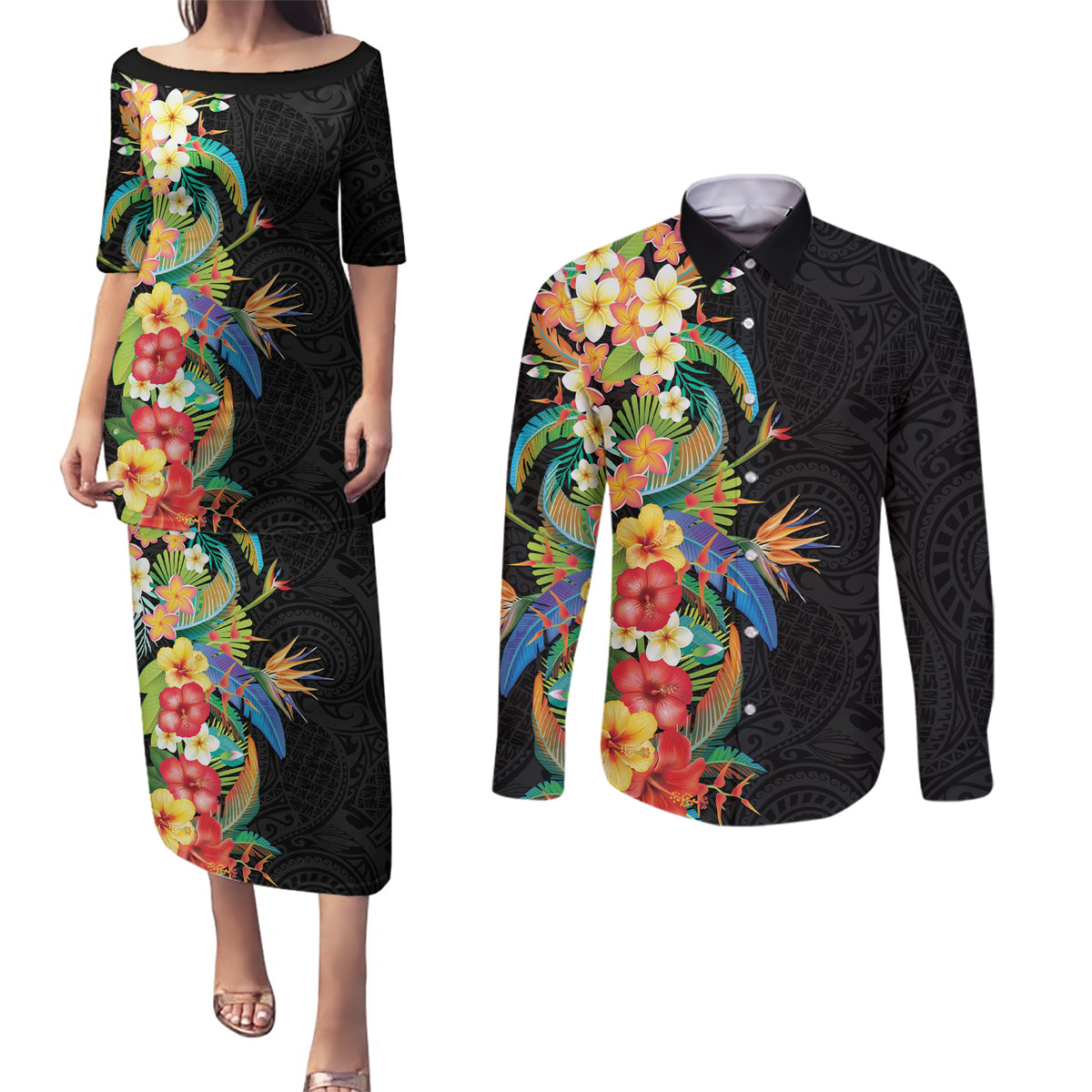 Hawaii Tropical Flowers Tribal Pattern Couples Matching Puletasi and Long Sleeve Button Shirt No5 LT9 Black - Polynesian Pride