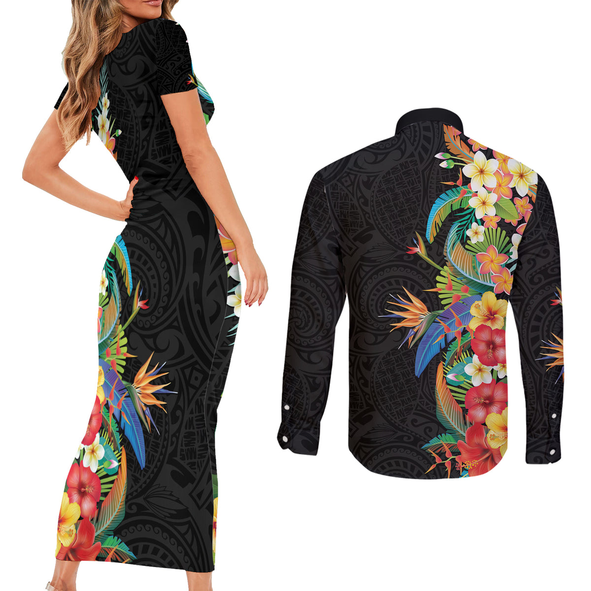 Hawaii Tropical Flowers Tribal Pattern Couples Matching Short Sleeve Bodycon Dress and Long Sleeve Button Shirt No5 LT9 - Polynesian Pride