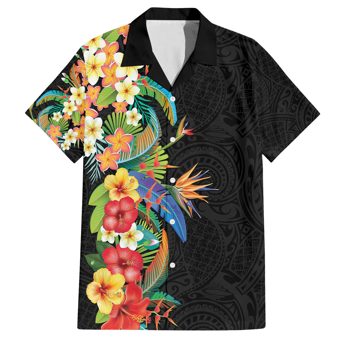 Hawaii Tropical Flowers Tribal Pattern Family Matching Tank Maxi Dress and Hawaiian Shirt No5 LT9 Dad's Shirt - Short Sleeve Black - Polynesian Pride