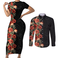 Hawaii Tropical Flowers Tribal Pattern Couples Matching Short Sleeve Bodycon Dress and Long Sleeve Button Shirt No6 LT9 Black - Polynesian Pride