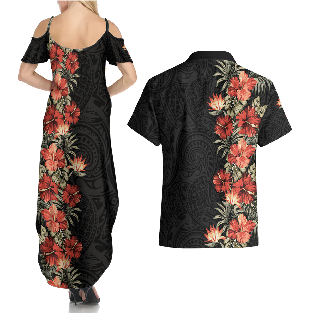 Hawaii Tropical Flowers Tribal Pattern Couples Matching Summer Maxi Dress and Hawaiian Shirt No6 LT9 - Polynesian Pride