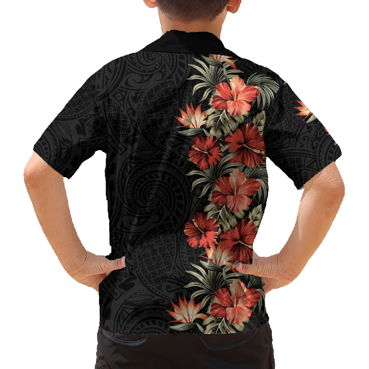 Hawaii Tropical Flowers Tribal Pattern Family Matching Off Shoulder Short Dress and Hawaiian Shirt No6 LT9 - Polynesian Pride
